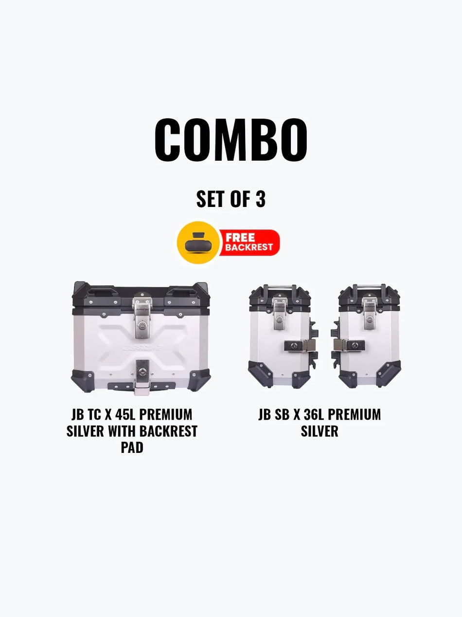 Jb Racing Set Of 3 Combo Of JB TC 45L Silver Premium With Backrest Pad + JB SB X 36L Premium Silver