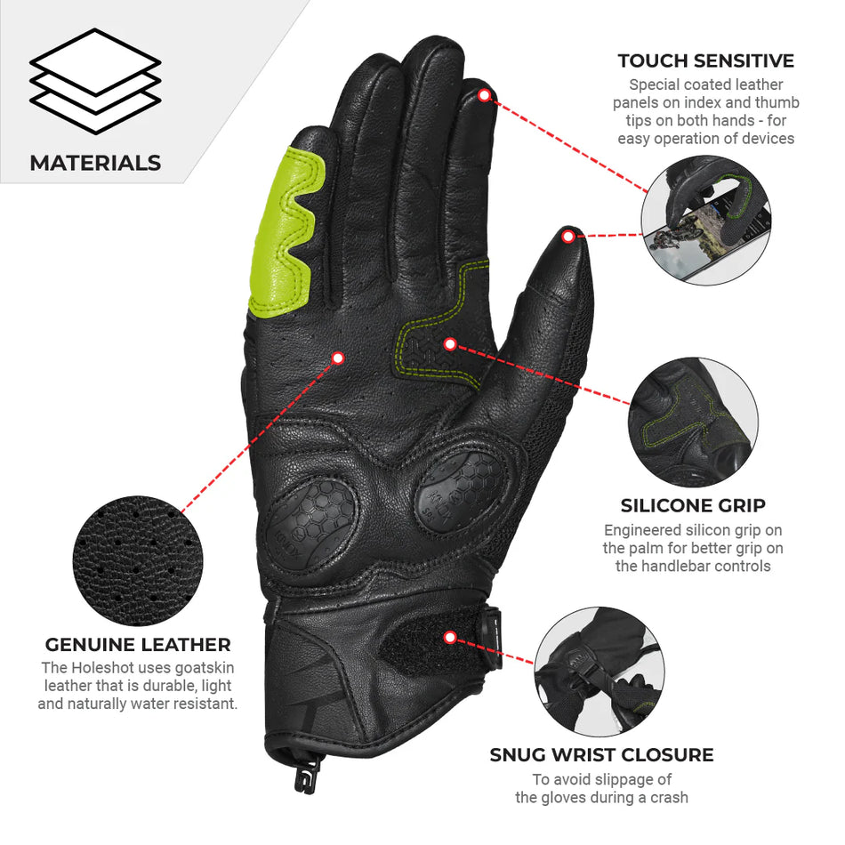 VIATERRA HOLESHOT – SHORT MOTORCYCLE RIDING GLOVES FOR MEN  ( FLUORESCENT GREEN)