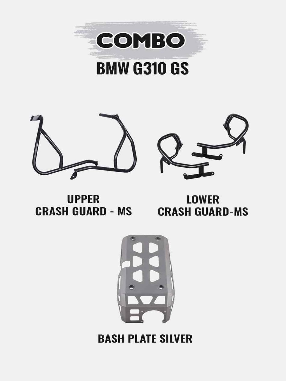 BMW G310GS COMBO - UPPER CRASHGUARD BLACK+LOWER GRASHGUARD BLACK+ENGINE GUARD SILVER