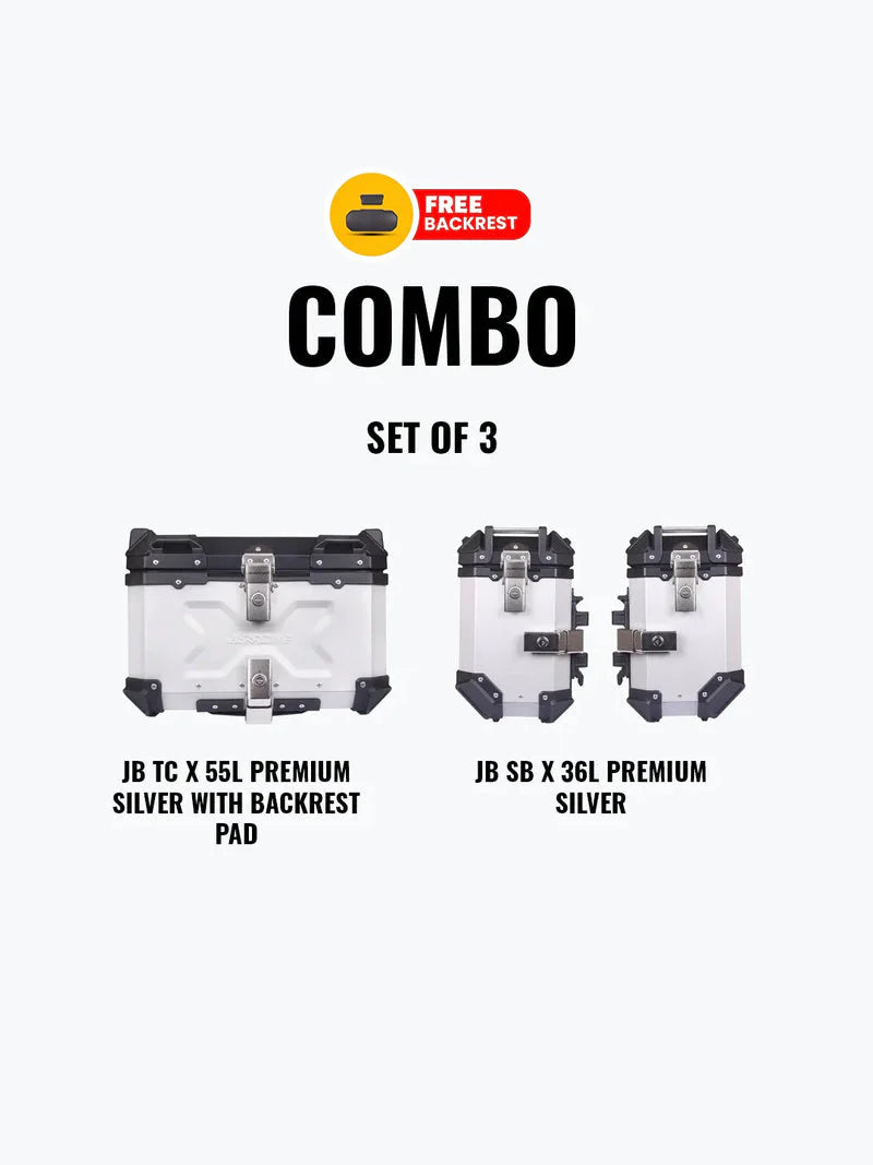 Jb Racing Set Of 3 Combo OF JB TC X 55L Premium Silver With Backrest Pad + JB SB X36L Premium Silver
