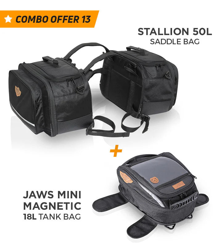 Combo 13 Stallion 50L Saddle Bag + Jaws Mini Magnetic 18L Tank Bag