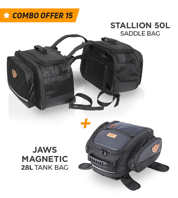 Combo 15 Stallion 50L Saddle Bag + Jaws Magnetic 28L Tank Bag