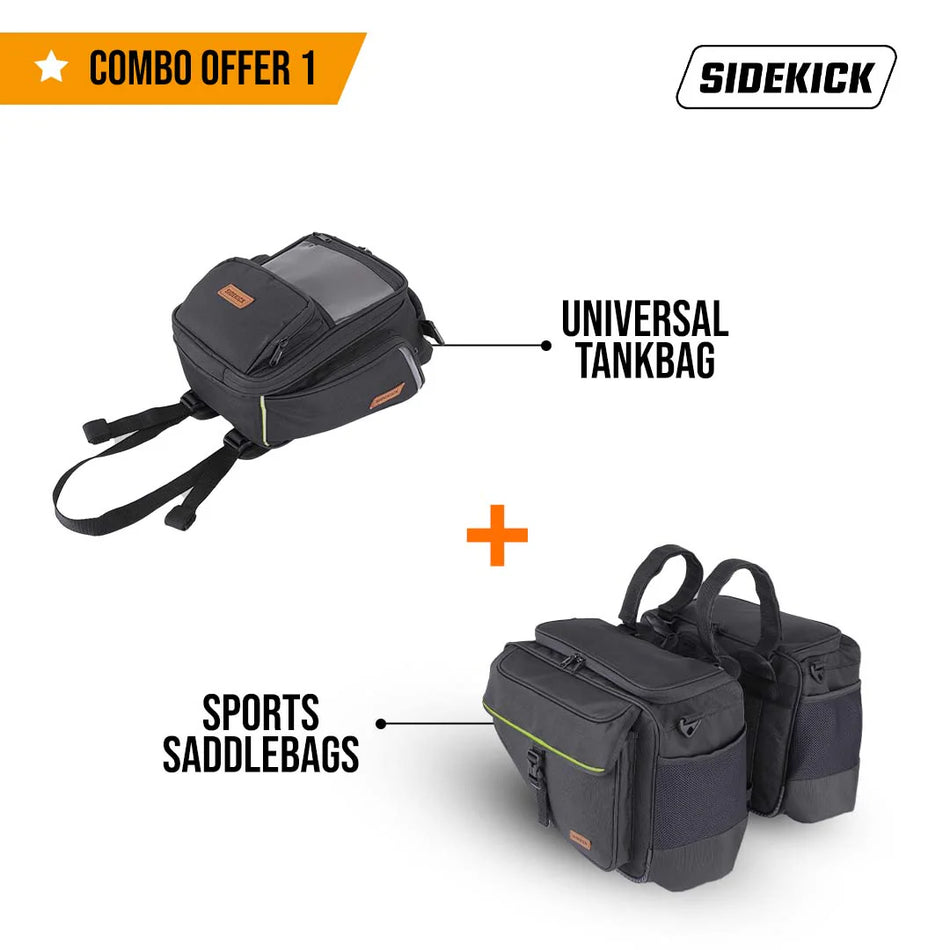 SideKick Combo 1 Universal 15Ltrs Tank bag plus 45Ltrs Sports Saddlebags. Both with Outer Rain Covers Included.