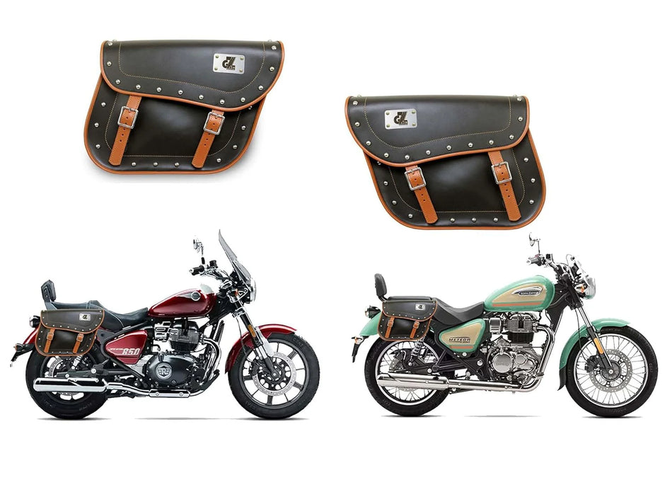 DOM Leather Bag Black with TAN Color Pair Left & Right Side For  Universal Motorcycle