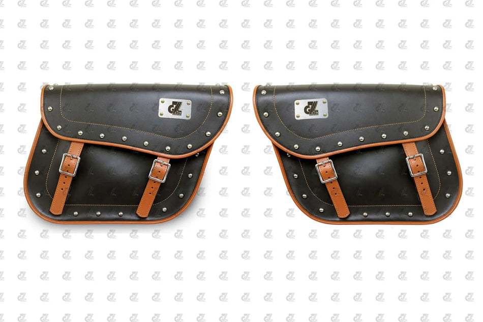 DOM Leather Bag Black with TAN Color Pair Left & Right Side For  Universal Motorcycle