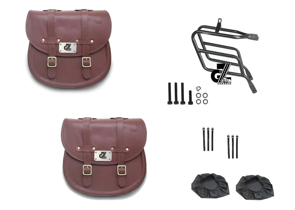 Leather Saddle Bag Cherry Red with Saddle Stay Pair for Meteor 350