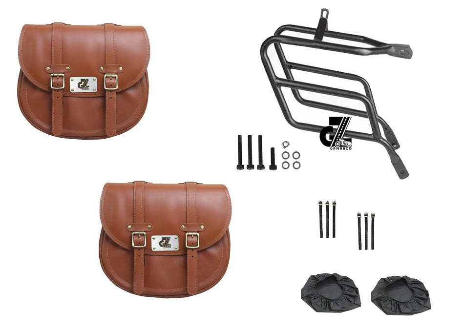 Tan Leather Saddle Bag with Saddle Stay Pair for Meteor 350