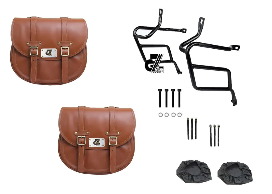 Leather Saddle Bag Tan with Saddle Stay Pair New Classic 350 Reborn