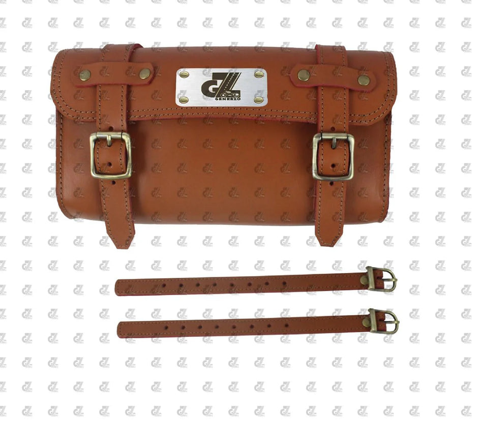 Premium Leather Bike SideRear Saddle Bag Round Style Tool Bag Storage Tool Pouch with 2 Strap Tan Color for Royal Enfield New Classic Reborn & Meteor 350
