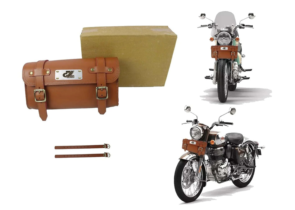 Premium Leather Bike SideRear Saddle Bag Round Style Tool Bag Storage Tool Pouch with 2 Strap Tan Color for Royal Enfield New Classic Reborn & Meteor 350