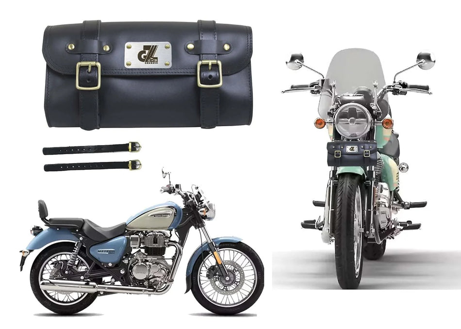 Premium Leather Bike SideRear Saddle Bag Round Style Tool Bag Storage Tool Pouch With2 Strap for Royal Enfield New Classic Reborn & Meteor 350