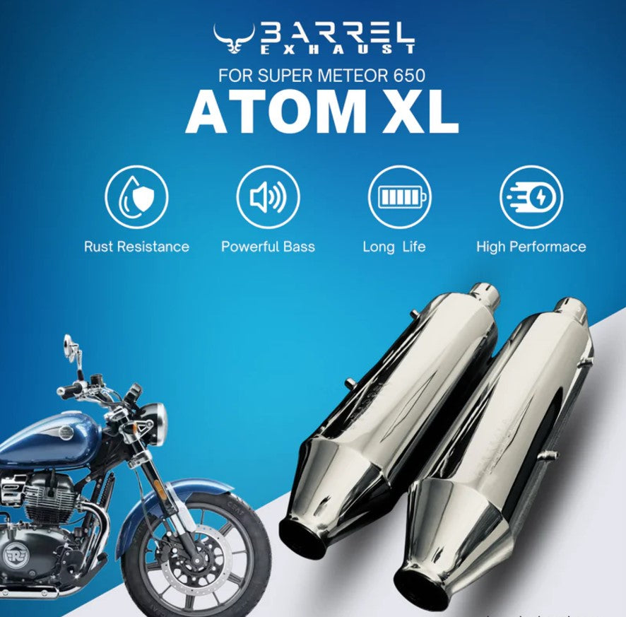 Buy Barrel Atom Xl Exhaust for Super Meteor 650 & Shotgun 650 - Royal Enfield Parts | Motomarvels