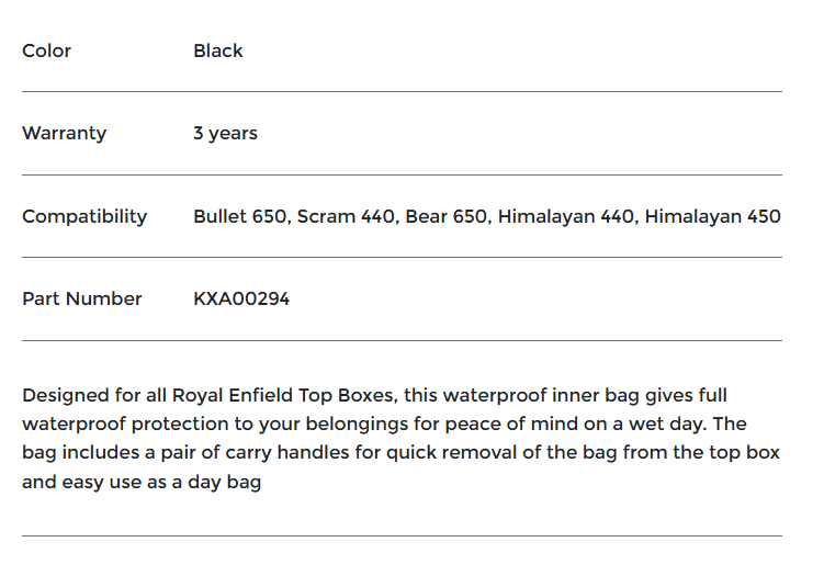 Top Box Waterproof Inner Bag For Royal Enfield Bear 650