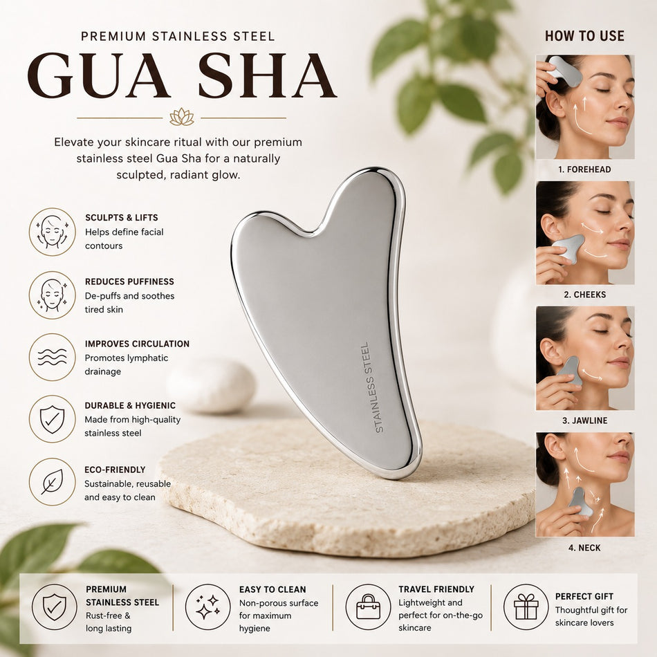Premium Stainless Steel Gua Sha,Metal Gua Sha Facial Tool. Firm Face Muscles, Reduce Puffiness, Facial Tension, Helps Lymphatic Drainage. GuaSha Beauty Tool for Body Neck Eyes (Heart Shape) (SS GUA SHA 65 GRM)