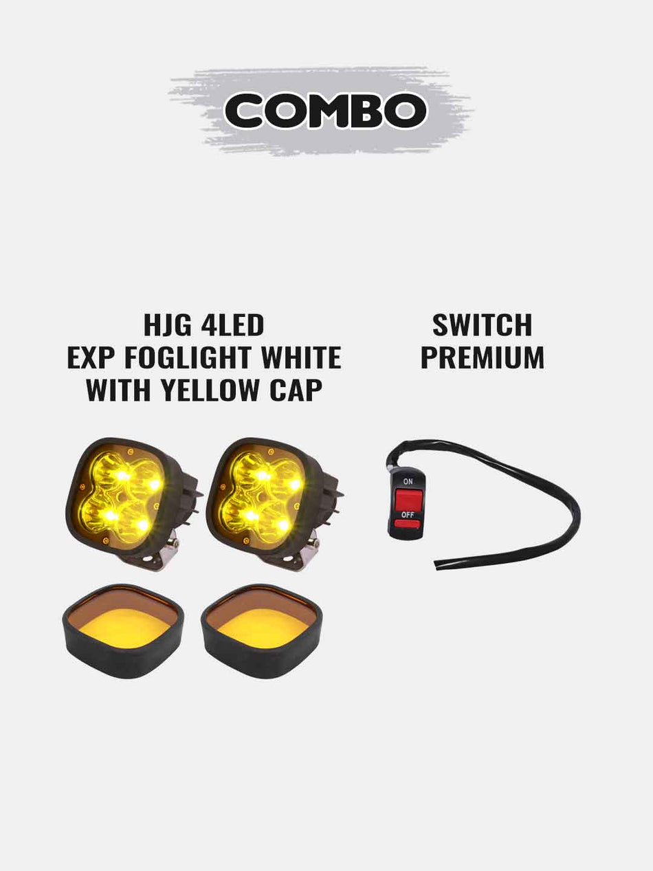 1 PAIR HJG 4 LED PREMIUM FOG LIGHT-WHITE WITH YELLOW CAP+PREMIUM SWITCH