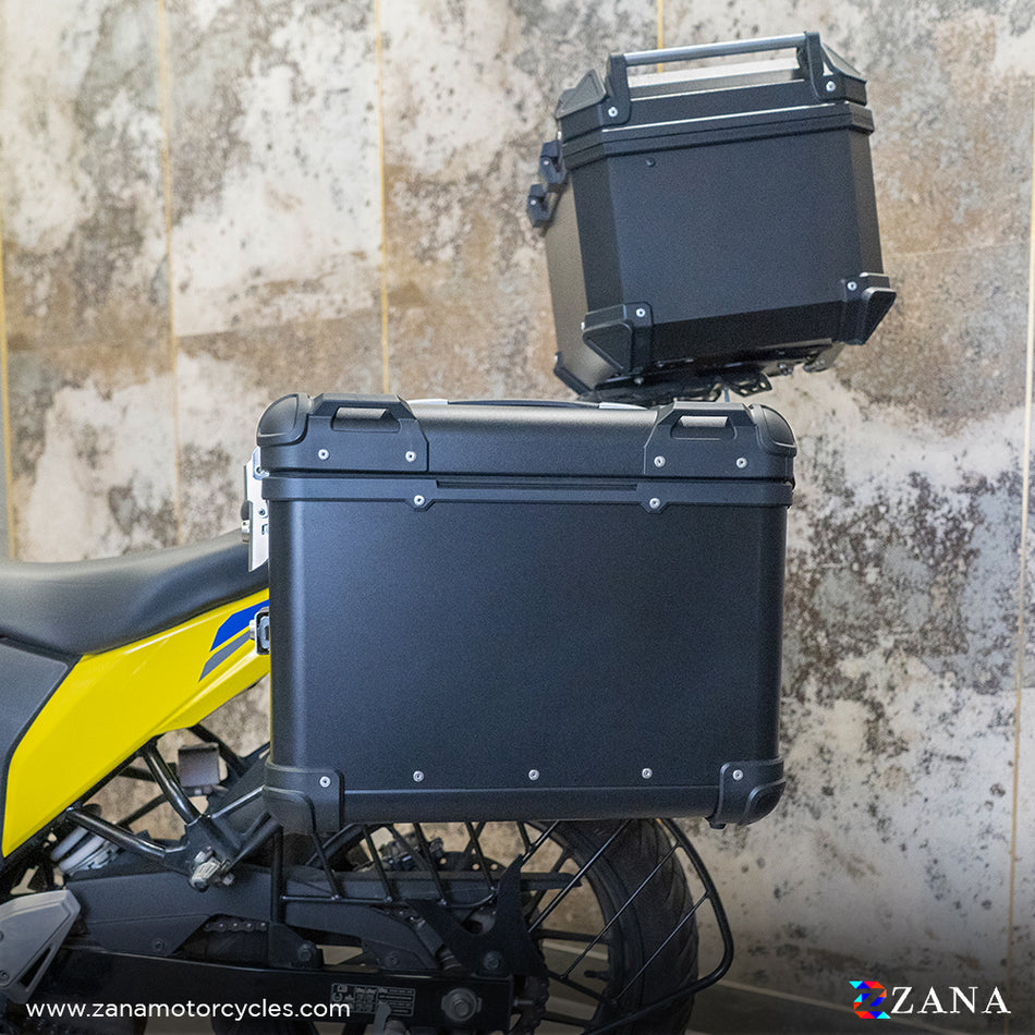 Zana- Panniers( 36 LTR ) Aluminium R-Flat Black With Frame For Suzuki V-Strom 250