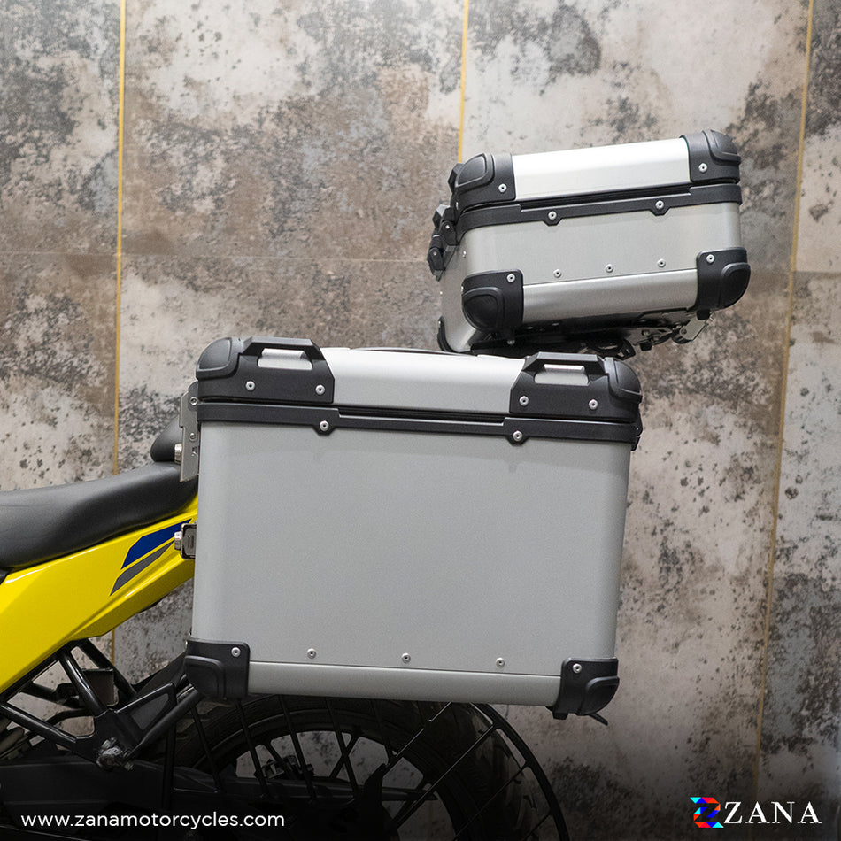 Zana- Panniers( 36 LTR )Aluminium R-Flat Silver With Frame For Suzuki V-Strom 250